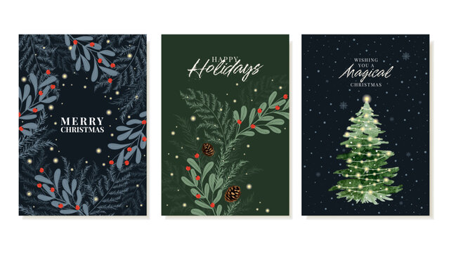 Magical Christmas And New Year Cards in a typographic format with branches of thuja, pine, red berries and a Christmas Tree In Watercolor Style. Vector Templates
