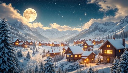 Fototapeta premium Enchanting winter landscape with cozy cabins illuminated by warm light under a luminous full moon and sparkling starry sky