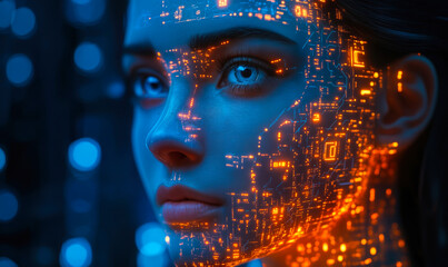 Futuristic female face with digital circuit pattern glowing in orange on blue background technology concept of artificial intelligence and cybernetic enhancement close-up portrait