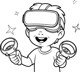 Happy child playing with virtual reality headset, holding controllers, exploring digital world, futuristic gaming experience, fun and interactive VR activity