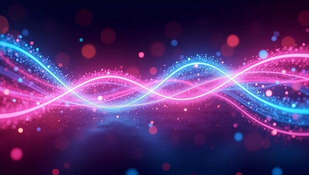 Abstract futuristic background with pink and blue glowing neon wave lines, moving at high speed, intertwined with sparkling bokeh lights. A dynamic sense of motion and depth, perfect for digital art o