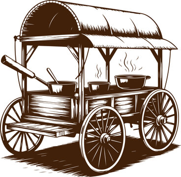 Rustic chuck wagon mobile kitchen illustration in a vintage woodcut engraving style