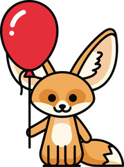 Cartoon fennec fox holding red balloon, black outline