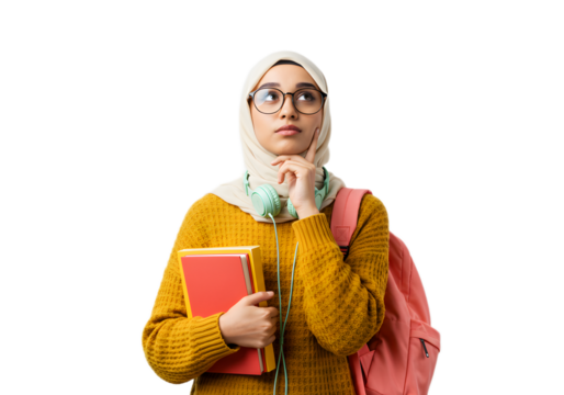 A thoughtful young Muslim woman wearing a hijab and glasses holds books and a backpack, contemplating ideas - Powered by Adobe