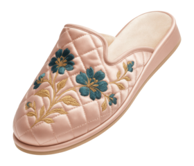 Quilted satin closed-toe slippers with embroidered floral patterns