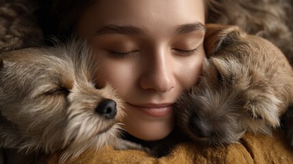 Girl Cherishing Two Small Dogs with Closed Eyes in Cozy Setting Surrounded by Warm Fabric and Soft Textures