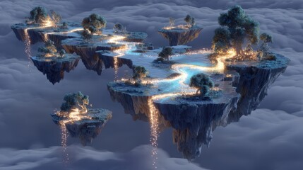 Dreamlike floating islands with glowing streams ethereal landscape digital art surreal environment aerial view imagination