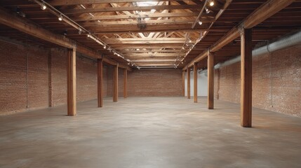 Naklejka premium Spacious industrial interior with wooden beams, exposed brick walls, and polished concrete floor, ideal for events, exhibitions, or creative projects