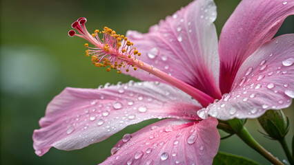 Fototapeta premium close up of a pink hibiscus cayenne flower with water droplets on its petals and pistils
