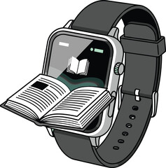 Cartoon smartwatch with open book icon on screen, reading concept