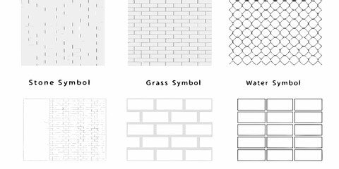 Collection of six stylized texture symbols representing stone grass water and brick patterns