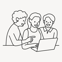 Diverse colleagues work on computer notebook brainstorming line drawing illustration