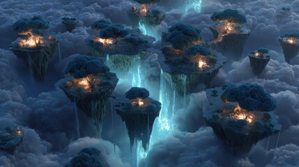 Floating islands of light ethereal cloudscape digital art surreal environment aerial view fantasy concept