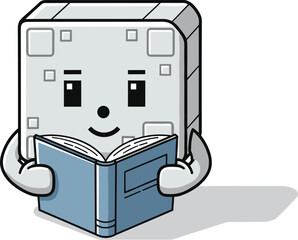 Cartoon robot reading blue book with hands