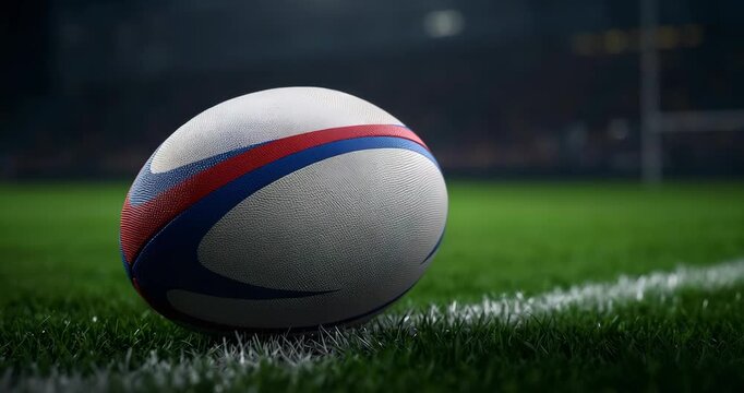 Opening shot revealing red-and-blue-striped rugby ball resting on white sideline under floodlights