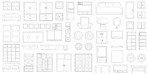 Collection of hand drawn furniture and home decor items in a sketch style for interior design