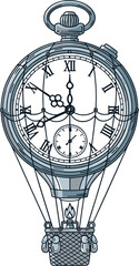 Steampunk pocket watch hot air balloon illustration