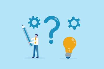Man with pencil and question mark contemplating idea lightbulb and gears for problem solving and innovation