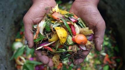 Hands holding a diverse pile of food scraps