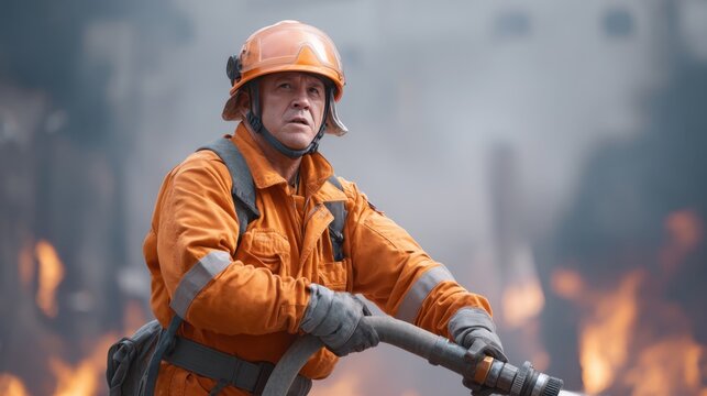 Brave firefighter in orange gear battling flames with water hose during intense blaze, demonstrating courage and dedication to protect lives and property - Powered by Adobe