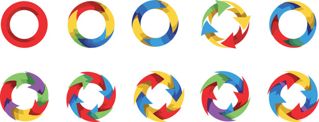 Colorful circular arrow cycle infographic icons set for business process, recycling, data flow, rotation, progress, and workflow design