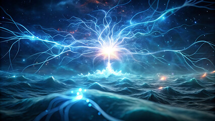 Fantasy Glowing Neuron Sparks In Electric Ocean Water Futuristic Science Concept  