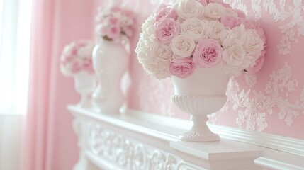 Obraz premium Pink floral arrangement on a white mantelpiece