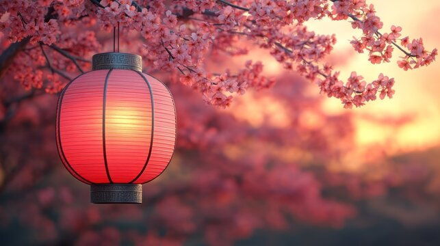 Pink lantern hangs among cherry blossoms