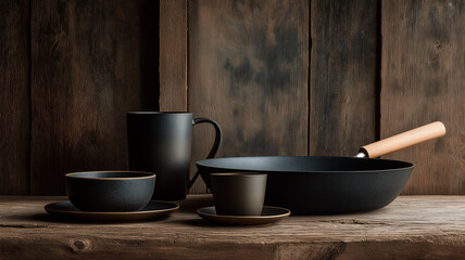 Rustic dark kitchenware and ceramic cups arranged on a weathered wooden surface