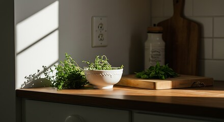陽光降り注ぐキッチンカウンターのハーブとボウル　料理写真