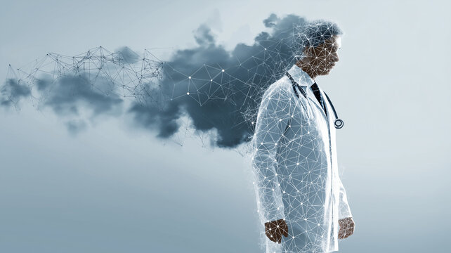 Doctor in white coat stands against digital cloud background, symbolizing integration of cloud computing in healthcare. image conveys innovation and security in medical technology