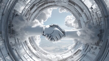 Technological collaboration futuristic city digital art cloudy environment close-up view ai empowerment