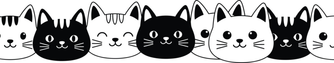 Cartoon cat face vector set featuring black and white expressions with varied ear shapes and minimalist line art design