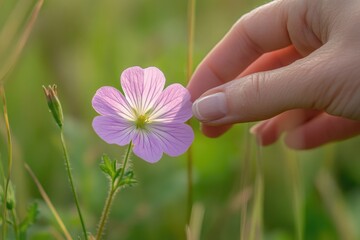 A gentle hand touches a delicate pale purple wildflower in a sunlit meadow.