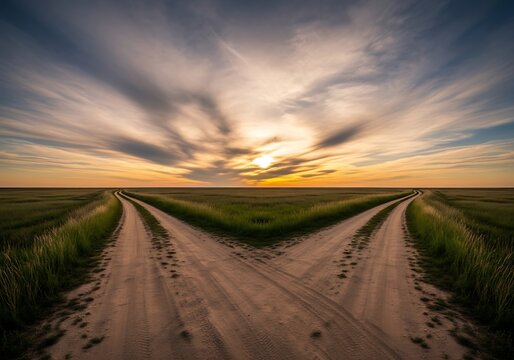 Fork in the road at sunset