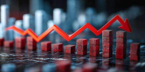 Red downward arrow graphically represents economic decline, with red bars indicating financial loss against blurred cityscape background, symbolizing recession and inflationary pressures
