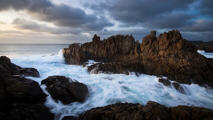 Obraz premium Dramatic ocean waves crashing against rugged volcanic rocks under a stormy sky