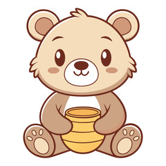Obraz premium Cute cartoon bear with honey pot on white background