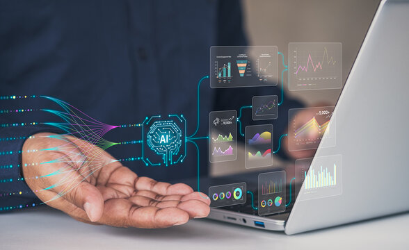AI data analytics dashboard, business data insights, AI-powered data analysis dashboard, business strategy, Analyst or Scientist uses a computer and dashboard for analysis of information development