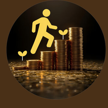A financial illustration showing money growth with a person climbing stairs of increasing coins, symbolizing investment, financial management, and success. Perfect for ads, presentations, education.