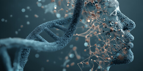 Digital representation of DNA strand intertwines with human face, symbolizing integration of genetics and technology. image conveys futuristic and innovative concept