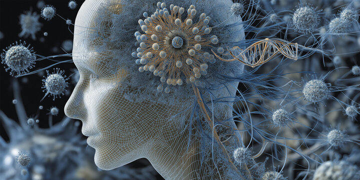 Digital illustration of human head with neural networks and DNA strands, symbolizing integration of AI and neuroscience in gene editing therapies. image conveys futuristic and innovative concept