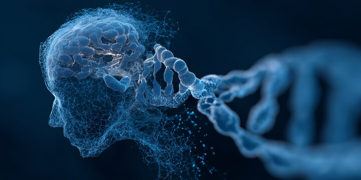 Digital representation of human head and brain is intertwined with DNA strands, symbolizing integration of neuroscience and gene editing therapies through AI