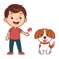 Boy and dog playing fetch on white background