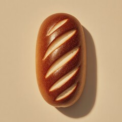 Loaf with scoring. Golden brown, oblong, slashed loaf casts a soft shadow on a pale, creamy background. Simple composition, emphasizing texture and form