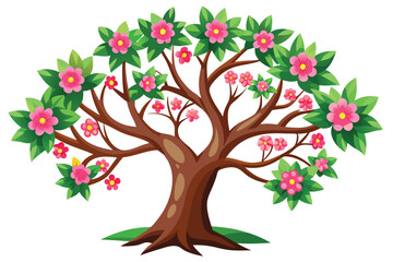 Fototapeta premium A Cartoon Tree with Vibrant Pink Flowers and Lush Green Leaves Spreading Joy and Freshness in Springtime
