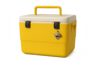 Portable yellow cooler box with integrated bottle opener, ideal for picnics, camping, and outdoor events, isolated on transparent background