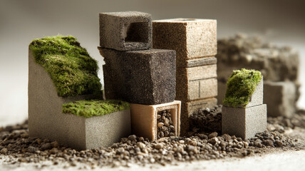 Miniature concrete blocks with moss and soil create natural, eco friendly architectural model, showcasing sustainable building materials and green design concepts