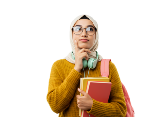 Thoughtful Muslim student with books and headphones wearing glasses and a yellow sweater