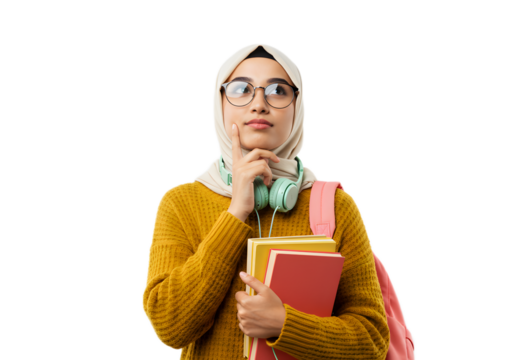 Thoughtful Muslim student with books and headphones wearing glasses and a yellow sweater